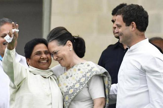 Though there is no official confirmation about a Mayawati-Sonia Gandhi meeting, sources confirmed to The Hindu about the BSP chief’s plan to fly down to Delhi. A 2018 file photo of Sonia Gandhi, Rahul Gandhi and Mayawati in Bengaluru