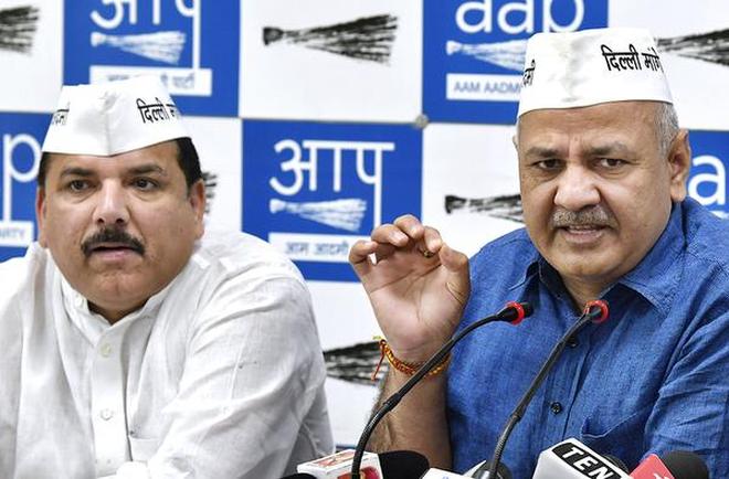 AAP leaders Sanjay Singh (left) and Manish Sisodia at a press conference at the party headquarters in New Delhi on Saturday.