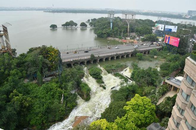 Water level has increased in the Hussainsagar lake, Hyderabad on Wednesday, due to heavy rain in late night City.