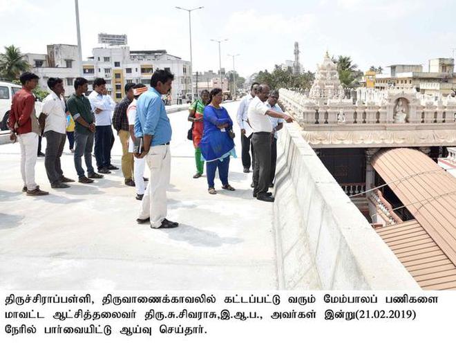 Collector S. Sivarasu inspecting the road overbridge work at Thiruvanaikoil.