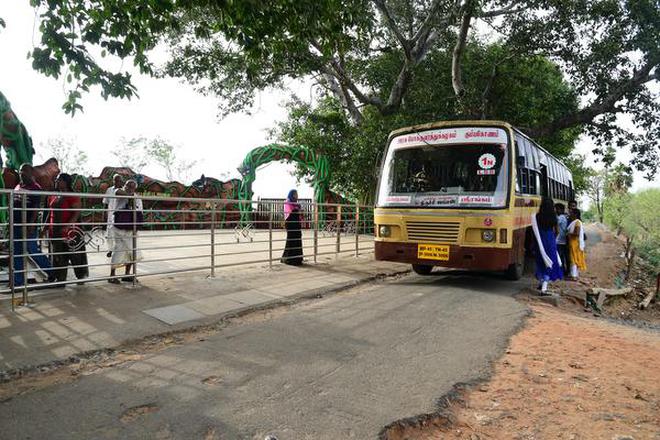 A TNSTC bus picking up visitors at the entrance of the Tropical Butterfly Conservatory at Srirangam on Sunday.