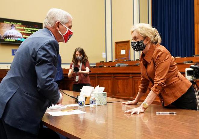 Dr. Anthony Fauci, director of the National Institute for Allergy and Infectious Diseases, having a word with Carolyn Maloney after the House Select Subcommittee on the Coronavirus Crisis hearing in Washington, D.C., U.S., July 31, 2020.