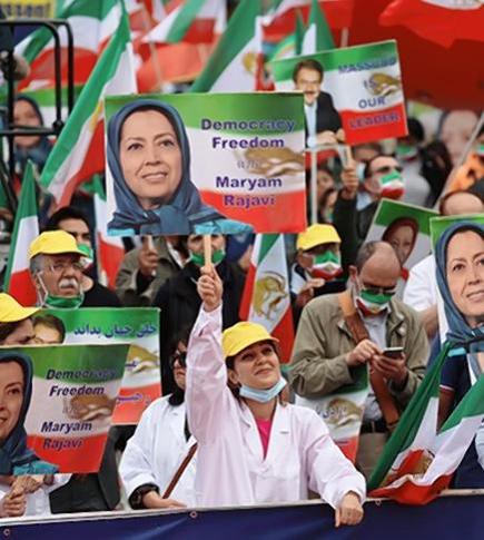 Supporters of Iranian leader Maryam Rajavi protesting in Berlin on Friday.