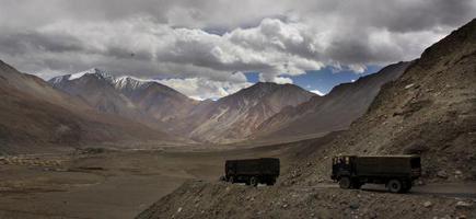 Indian army trucks drive near Pangong Tso lake near the India China border in India's Ladakh area. File