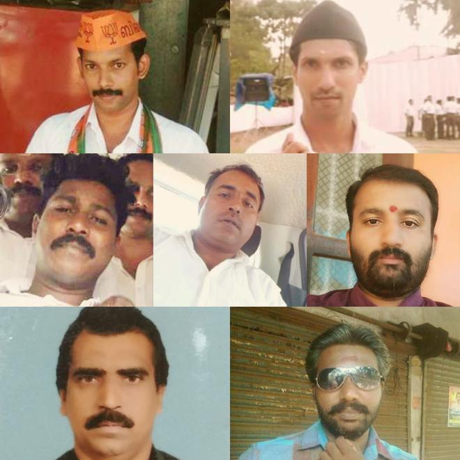 The seven BJP-RSS workers who were convicted of murdering CPI(M) worker Parakkandi Pavithran - clockwise from left: Parayakkandi Vineesh, C.K. Prashanth, Kizhakkayil Vijilesh, Prashanth alias Muthu, K.C. Anilkumar, K. Mahesh, and Lyjesh alias Lyju.