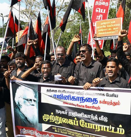Activists of Dravidian outfit Periyar Dravidar Kazhagam stage a demonstration against actor Rajinikanth in Chennai on January 21, 2020.
