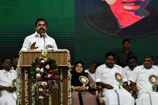 Tamil Nadu Chief Minister Edappadi K. Palaniswami addresses a government function near Thalaivasal in Salem district on February 9, 2020.