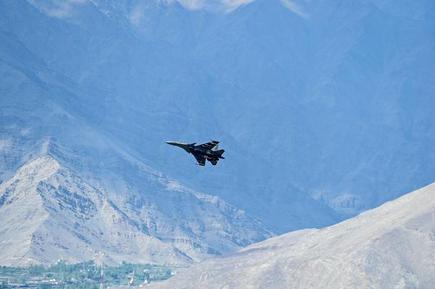 An IAF aircraft is seen against the backdrop of mountains in Ladakh. Indian and Chinese troops continue in “eyeball-to-eyeball” positions at all the friction points along the Line of Actual Control (LAC) in Ladakh.