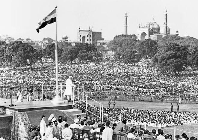 Prime Minister Jawaharlal Nehru addressing the nation from the Red Fort, Delhi, on August 15, 1947. Since Independence, the country has stood out as a beacon of hope, committed to democracy and secularism.
