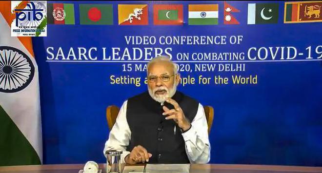 Prime Minister Narendra Modi during a video conference with South Asian Association for Regional Cooperation (SAARC) leaders on chalking out a plan to combat the COVID-19 Novel Coronavirus, in New Delhi.
