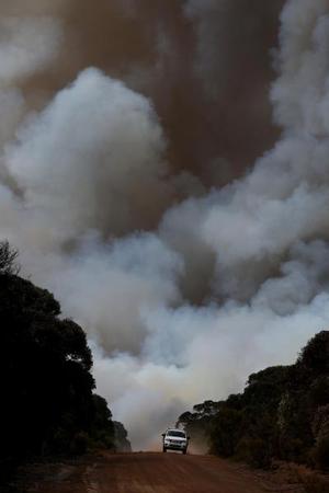 A plume of bushfire smoke rises above Mount Taylor Road bordering local farm land on January 11, 2020 in Karatta, Australia.