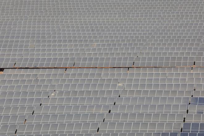 A new solar power plant, opened by Prime Minister Narendra Modi and French President Emmanuel Macron, is seen in Mirzapur on March 12, 2018.