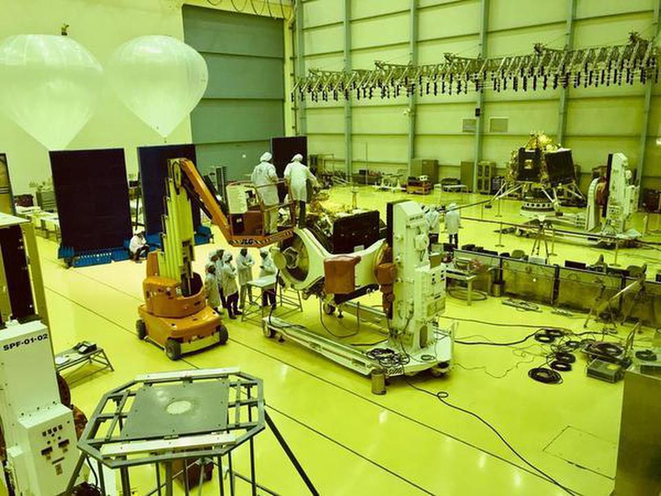 The Lander and Orbiter of Chandrayaan -2 being test and assembled by ISRO scientists at ISITE, in Bengaluru on Wednesday.