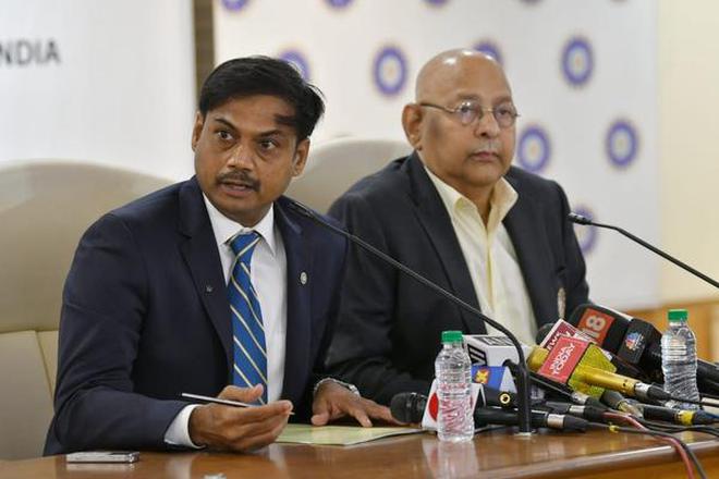 BCCI chairman of selection committee M.S.K. Prasad with Amitabh Choudhary, Acting Honorary Secretary, BCCI addressing the media on team selection for World Cup in Mumbai on April 15, 2019.