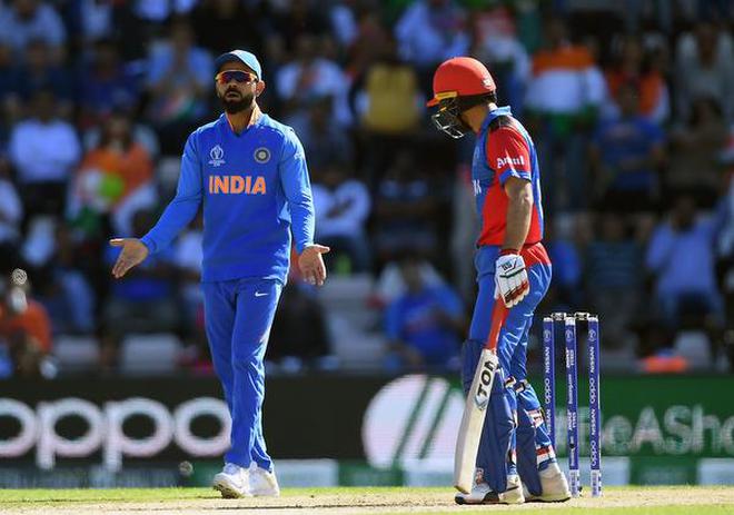 Virat Kohli of reacts as Rahmat Shah of Afghanistan is given not out during the Group Stage match of the ICC Cricket World Cup 2019 between India and Afghanistan at The Hampshire Bowl, in Southampton, England on June 22, 2019.